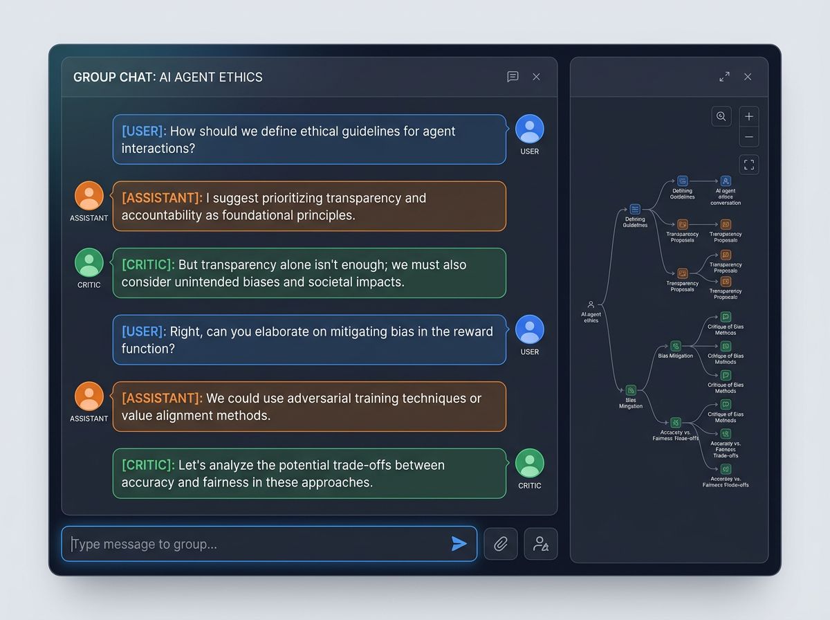 An AutoGen interface showing a multi-agent group chat in progress with three agents (User, Research Assistant, Code Executor) exchanging messages, and a conversation tree visualization on the right