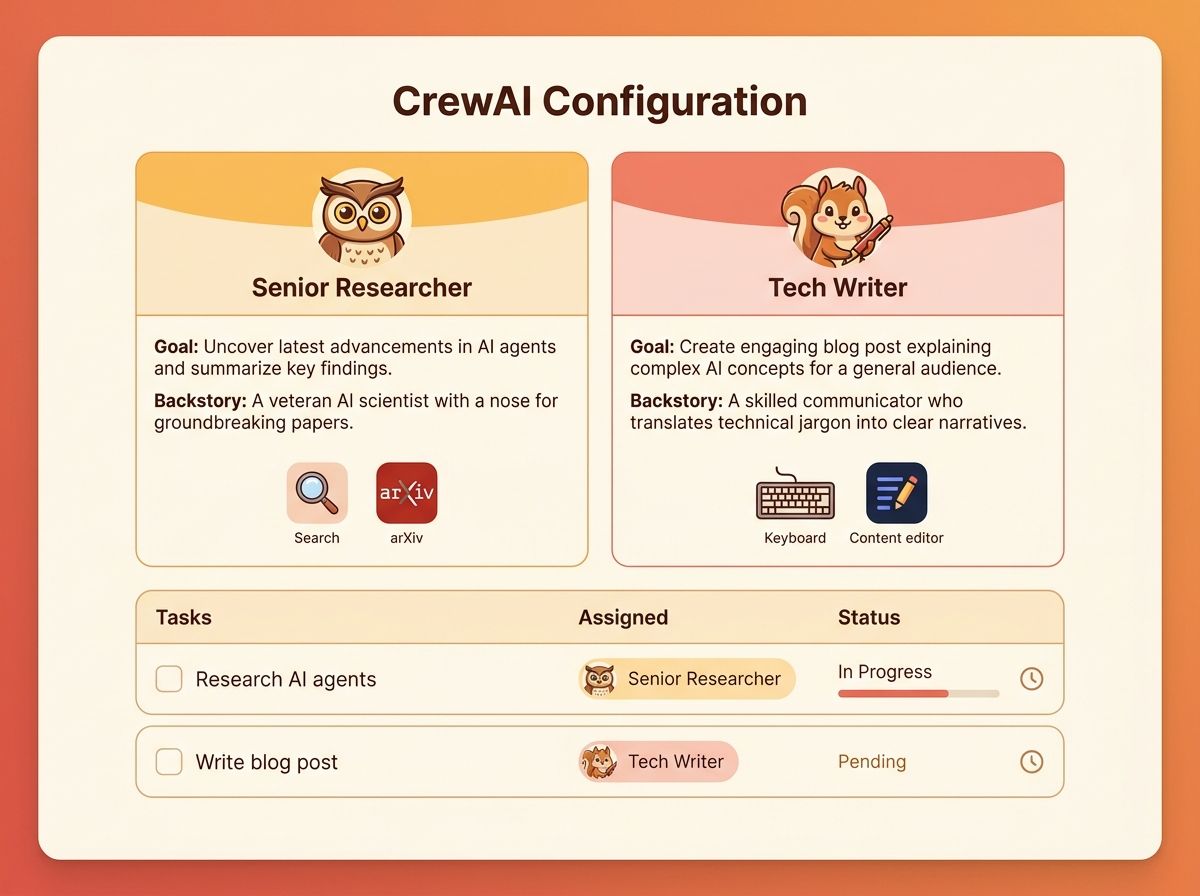 A CrewAI configuration interface showing two agent cards (Researcher and Writer) with their roles, backstories, and tools, connected by a sequential task pipeline