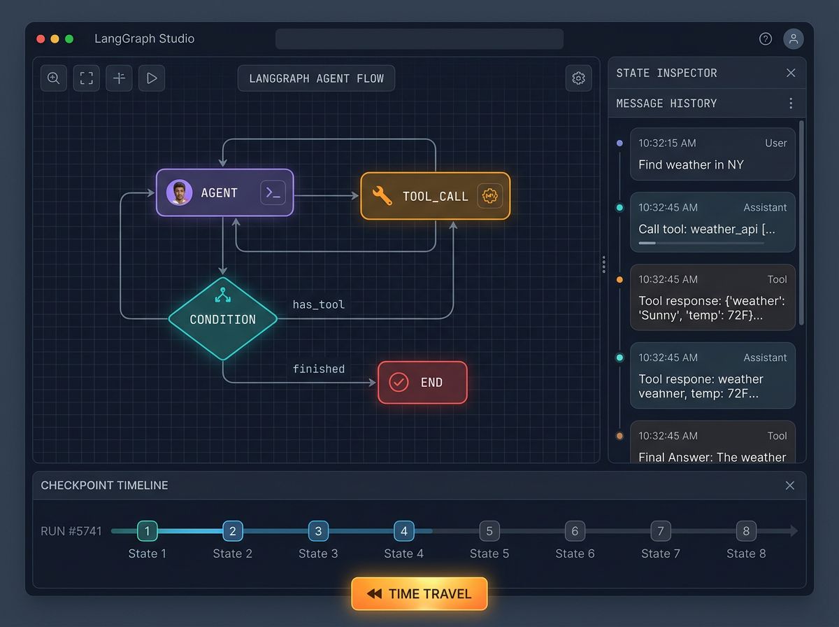 A LangGraph Studio interface showing a visual node graph with 'agent' and 'tools' nodes connected by conditional edges, a state inspector on the right showing message history, and a checkpoint timeline at the bottom