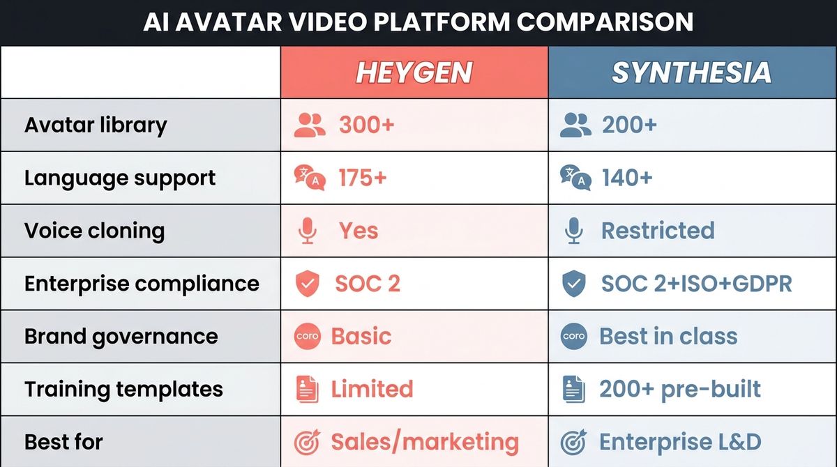 A 3-column comparison table showing Heygen and Synthesia across dimensions: avatar count, language support, best for, enterprise compliance, brand governance, and pricing