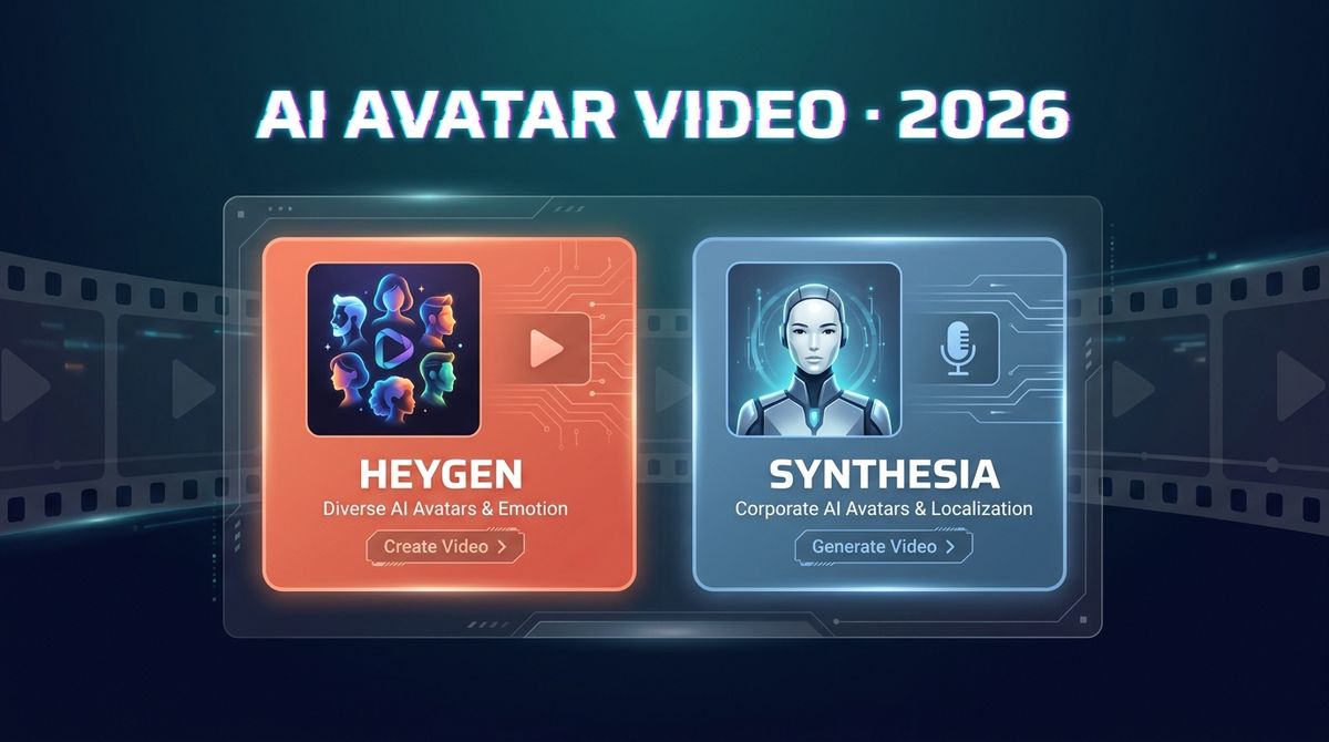 A comparison view showing two avatar video interfaces: Heygen (left, warm gradient with a diverse avatar selection grid) and Synthesia (right, cool blue with a corporate avatar library and template gallery)