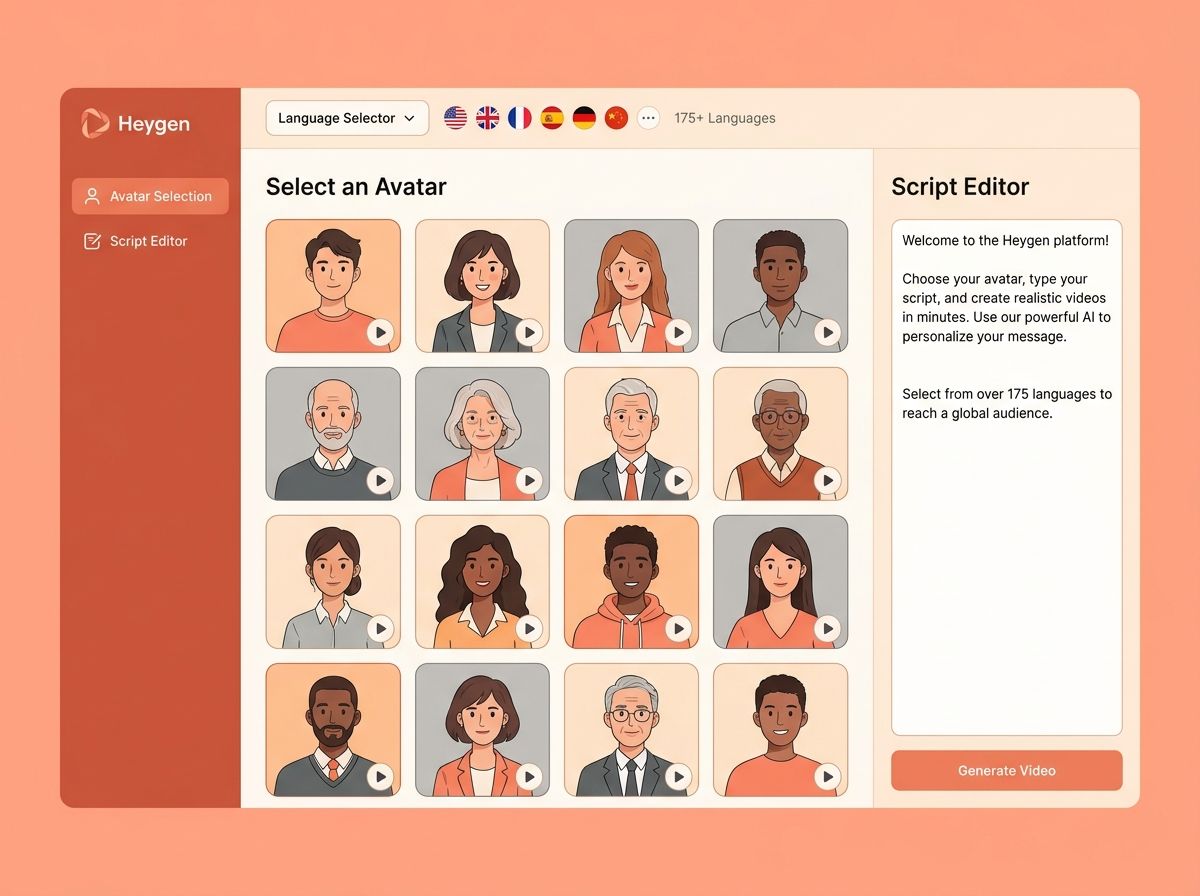 Heygen's interface showing a diverse avatar selection grid (20+ avatars in a 5x4 grid), a script editor panel on the right, and a language selector with 175+ options