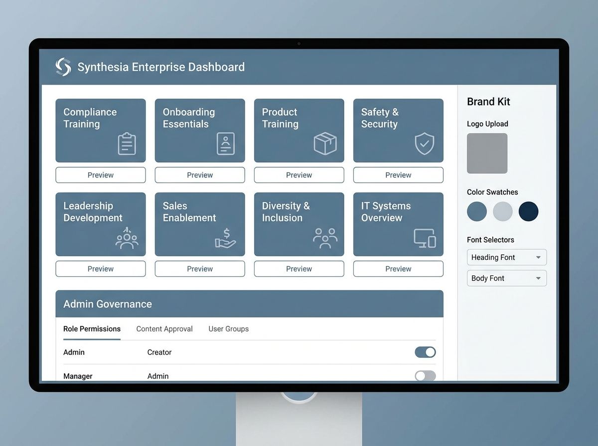 Synthesia's interface showing a corporate training template gallery (10+ templates: compliance, onboarding, product training), a brand kit panel on the right with logo/colors/fonts, and an admin governance dashboard at the bottom