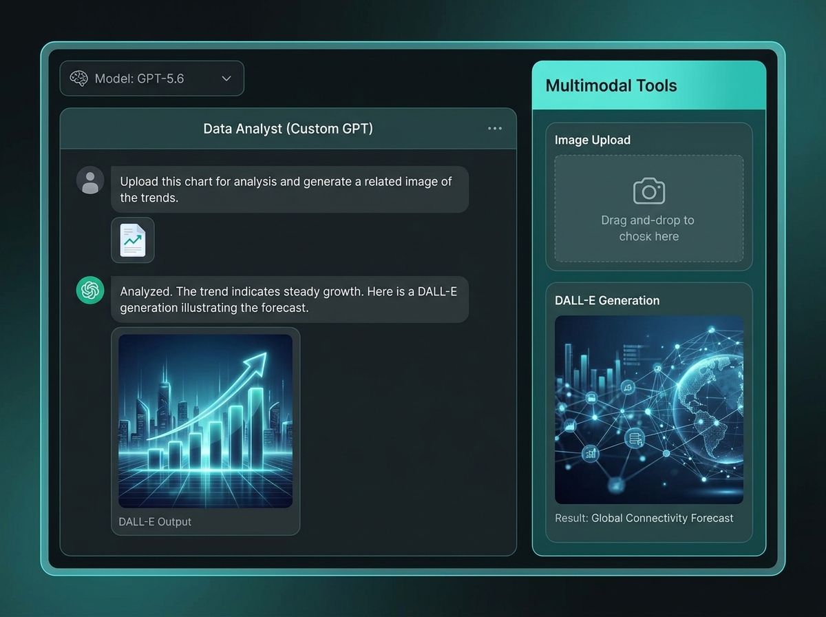 ChatGPT's interface showing a multimodal conversation with a custom GPT selected, a web browsing tool result in the side panel, and the model picker showing GPT-5.6 options