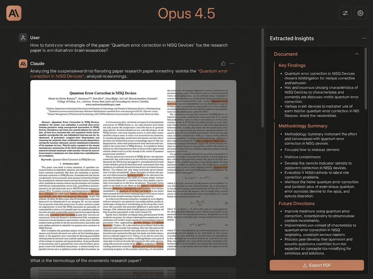 Claude's interface showing an artifact-style conversation with a long-context document being analyzed, a side panel with extracted insights, and the model selector showing Opus 4.5