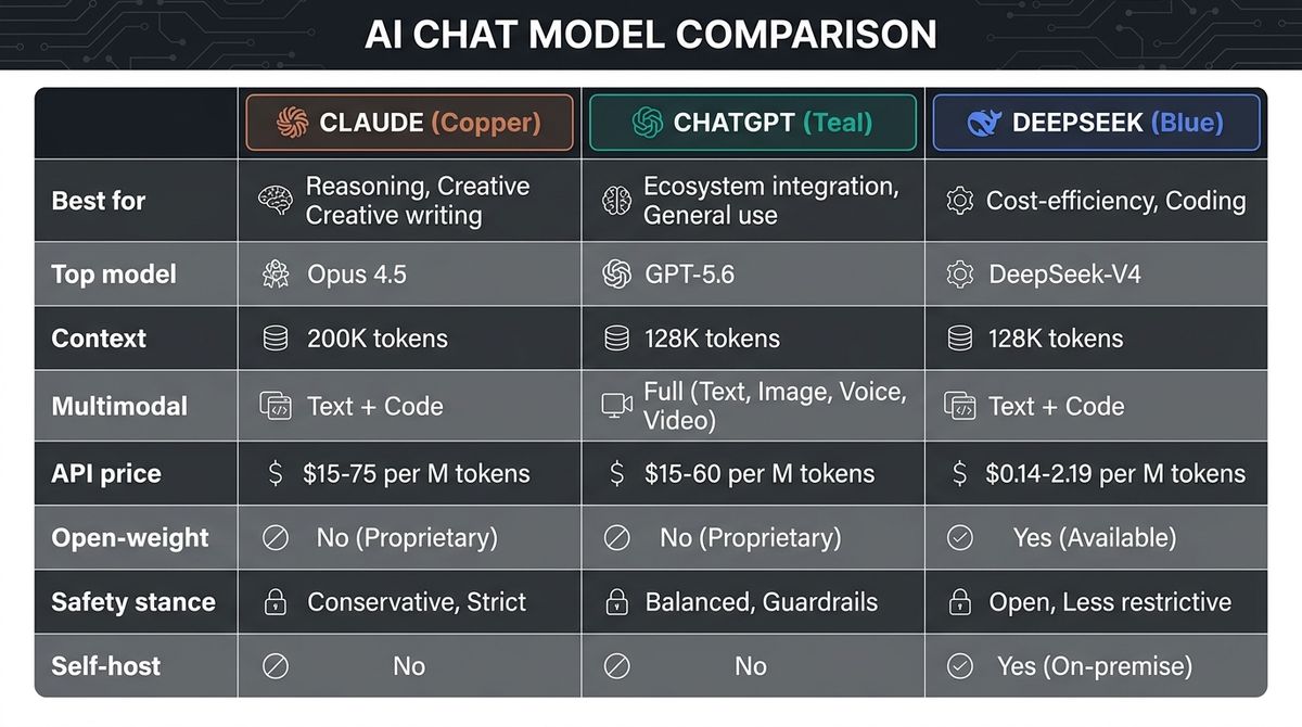 A 3-column comparison table showing Claude, ChatGPT, and DeepSeek across dimensions: model quality, ecosystem, multimodal, cost, open-weight, and best for