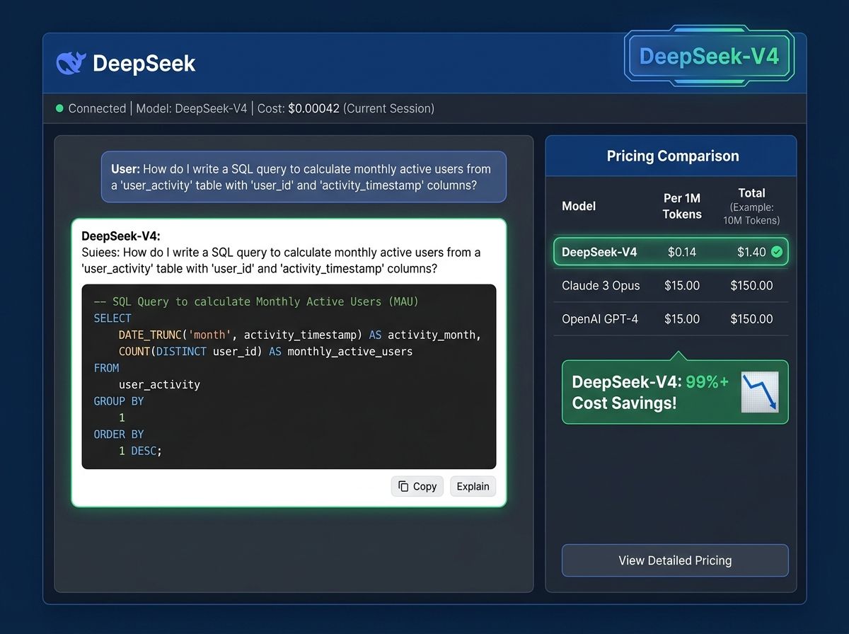 DeepSeek's interface showing a chat with a code reasoning task, an API pricing comparison table showing DeepSeek vs Claude vs OpenAI, and a model architecture diagram highlighting the open-weight license