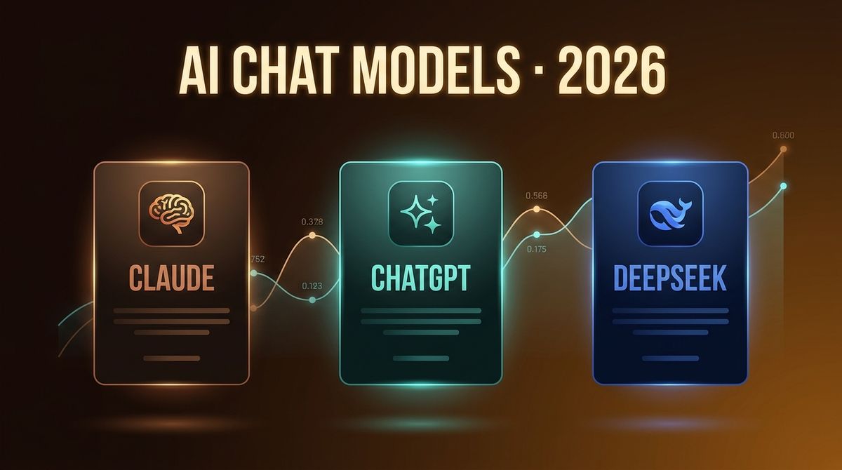 A comparison view of three AI chat interface mockups side by side: Claude (left, warm copper), ChatGPT (center, cool teal), DeepSeek (right, deep blue) — each showing a conversation thread with model selector and capabilities