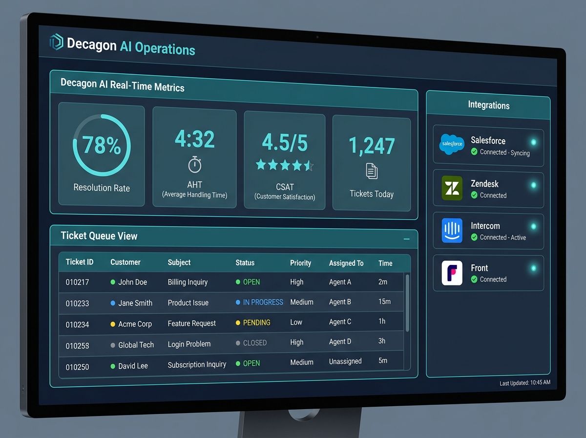 Decagon's interface showing a real-time operations dashboard with key metrics (resolution rate, average handling time, customer satisfaction), a ticket queue view, and an integration panel showing Salesforce, Zendesk, and Intercom connectors