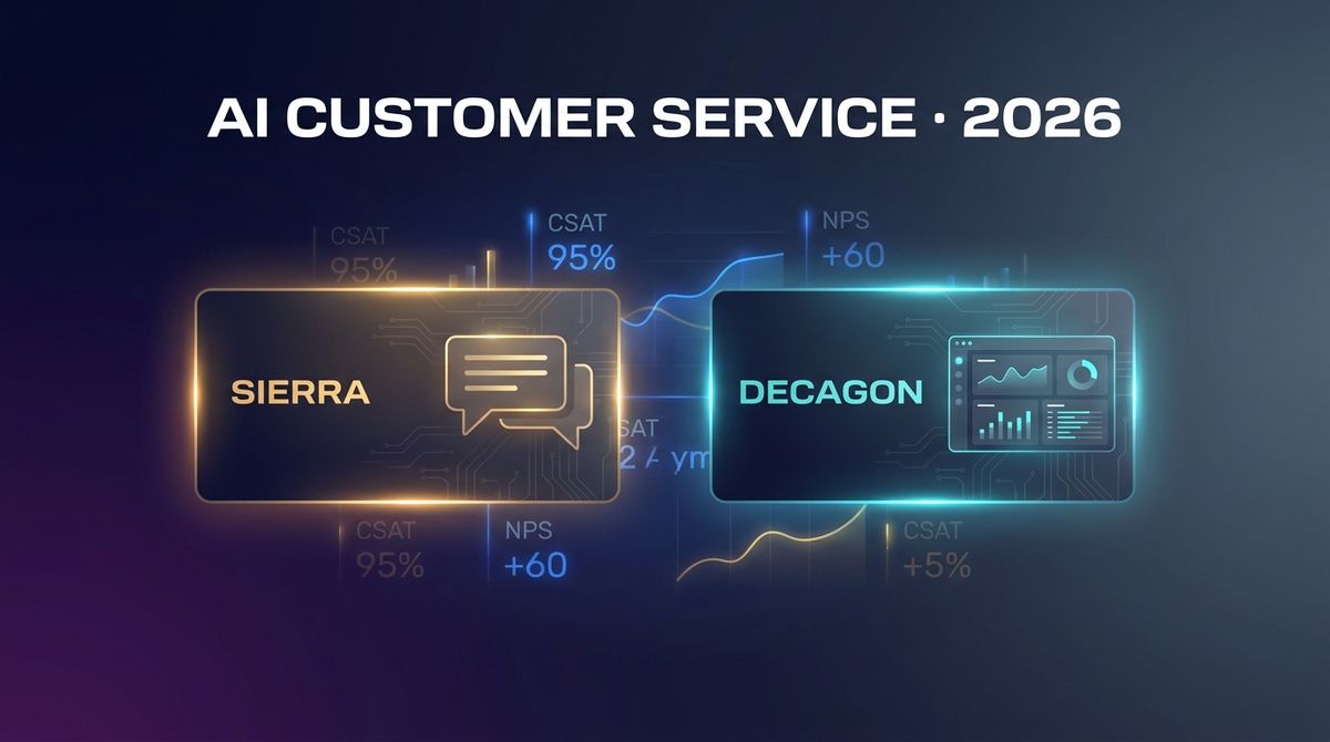 A split composition showing two customer service dashboards: Sierra (left, warm gradient showing a brand voice configuration) and Decagon (right, cool blue showing resolution metrics and queue management)