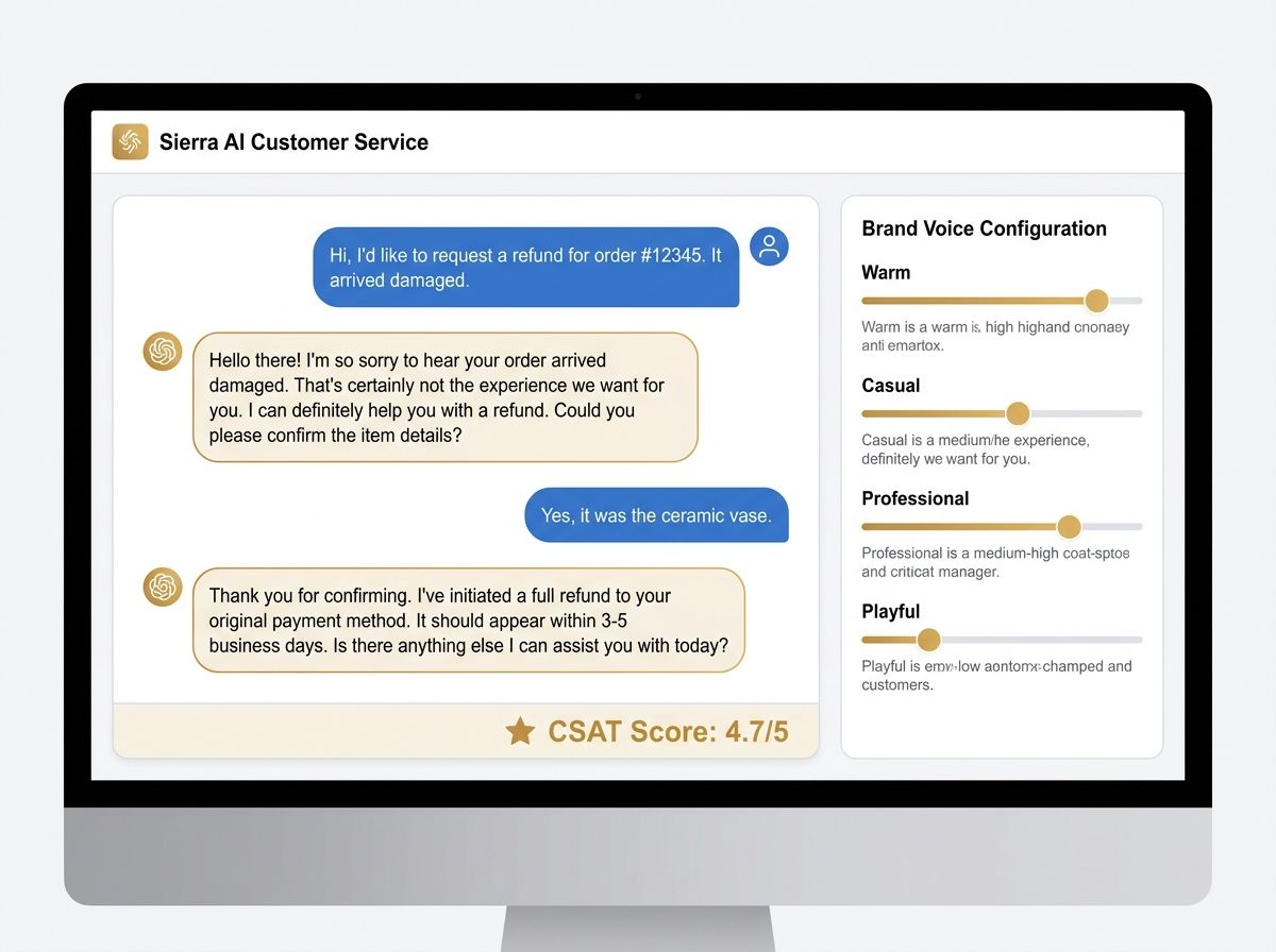 Sierra's interface showing a brand voice configuration panel with tone sliders (warm, casual, professional, playful), a sample customer conversation showing multi-turn dialogue, and a customer satisfaction metric