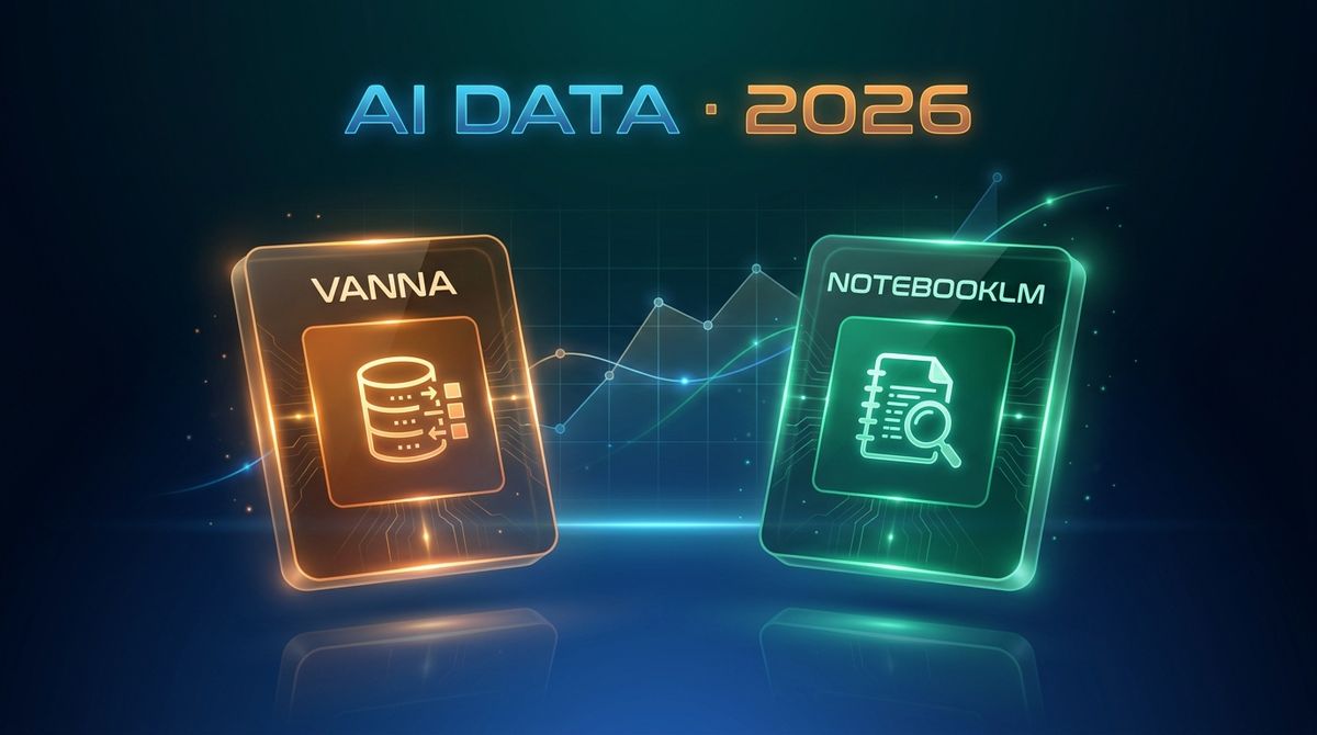 A comparison view of two AI data tools: Vanna (left, showing a database schema and a generated SQL query) and NotebookLM (right, showing uploaded documents and a citation-rich answer)
