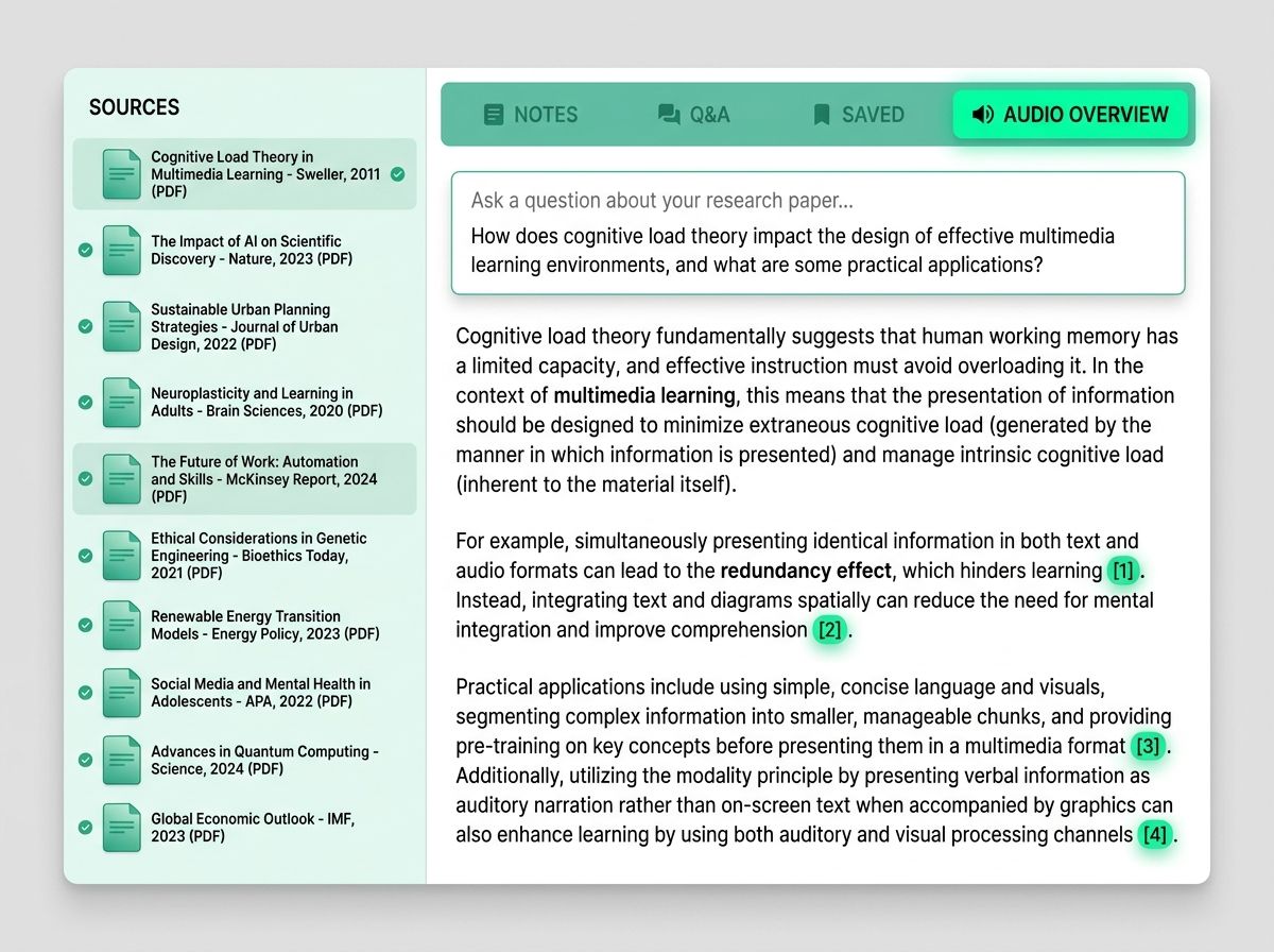 NotebookLM's interface showing a source panel on the left with 10 uploaded PDFs, a chat panel in the center with a natural language question and a citation-rich answer, and an Audio Overview button highlighted