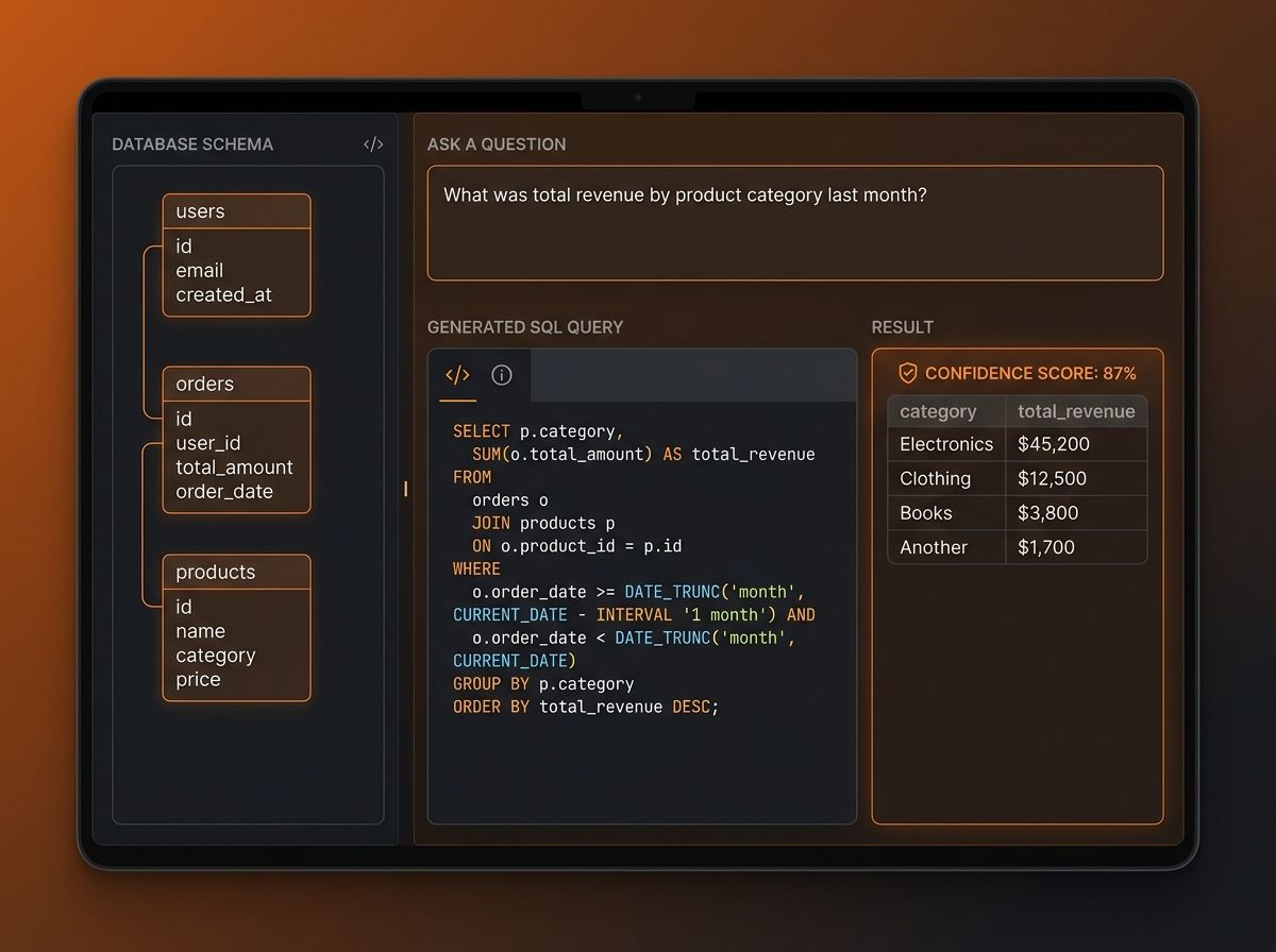 Vanna's interface showing a database schema diagram on the left, a natural language question in the center, a generated SQL query below it, and the query result table on the right with a confidence score