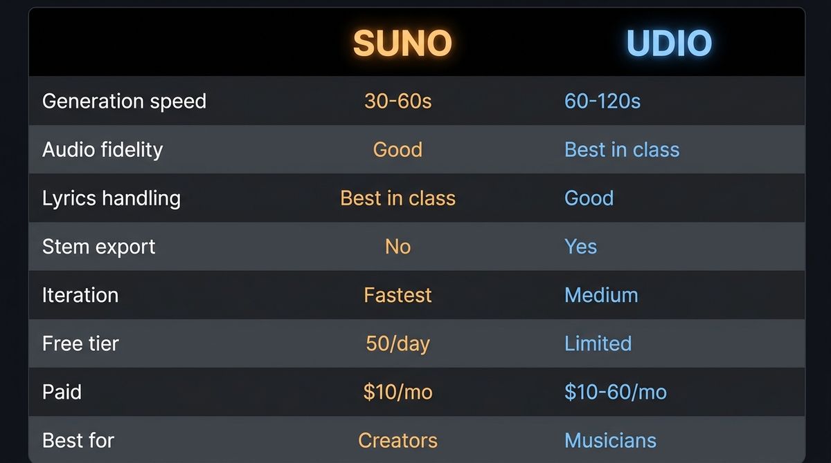 A 3-column comparison table showing Suno and Udio across dimensions: generation speed, audio fidelity, lyrics handling, stem export, pricing, and best for