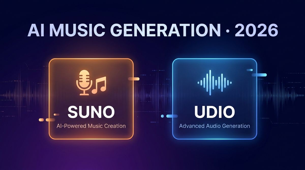 A split composition showing two music production studio interfaces: Suno (left, warm orange) and Udio (right, cool blue), each with audio waveforms, lyrics panels, and style controls