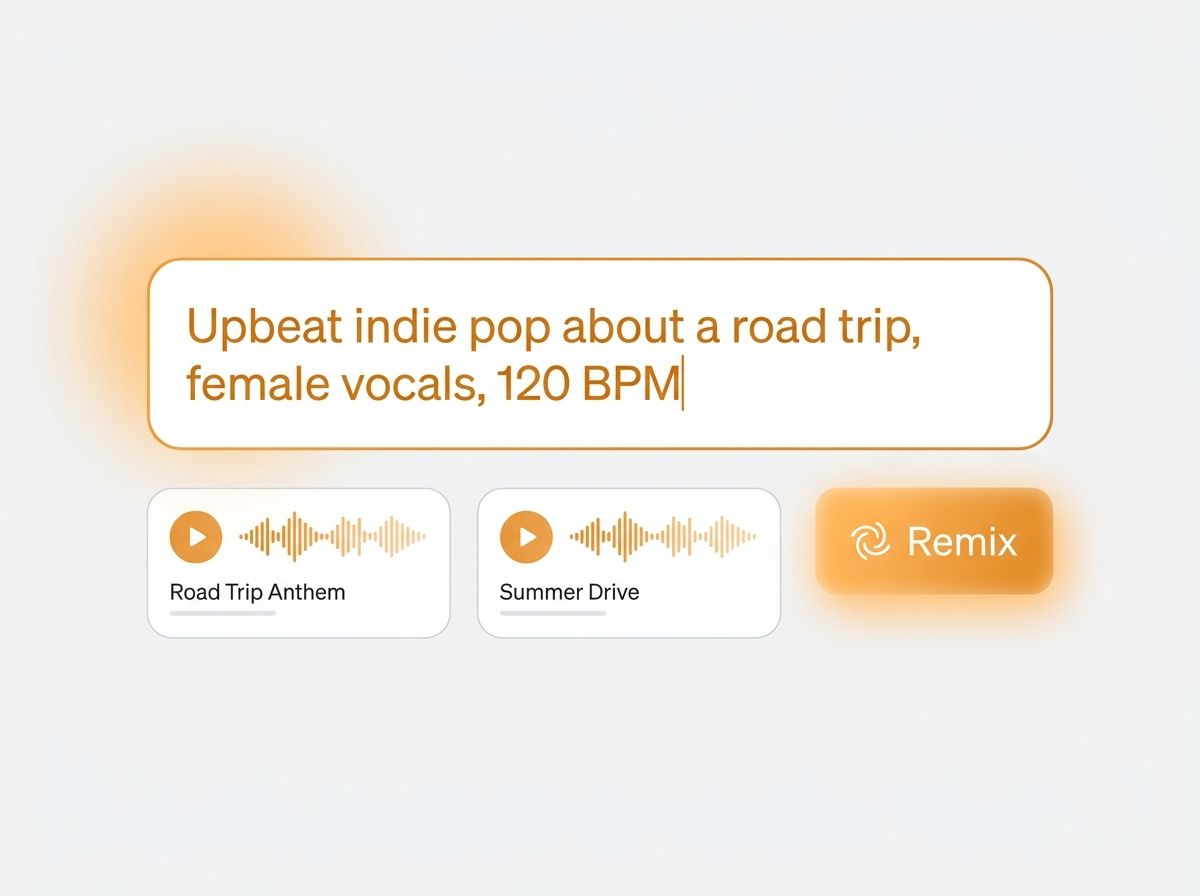 Suno's interface showing a text prompt input 'Upbeat indie pop, female vocals, 120 BPM', two generated song previews with play buttons, and a Remix button highlighted