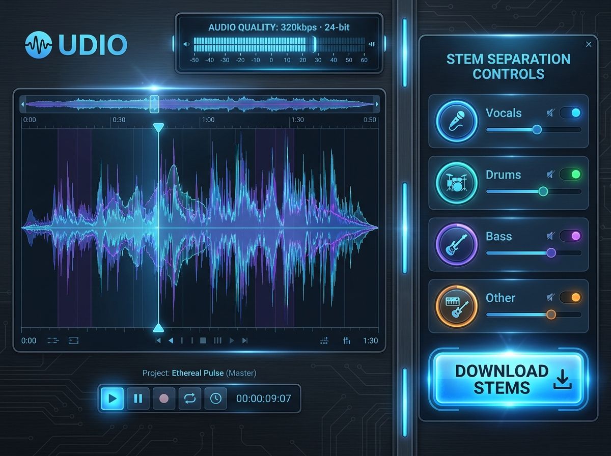 Udio's interface showing an advanced audio editor with a generated song waveform, stem separation controls (vocals, drums, bass, instruments), and a 'Download Stems' button