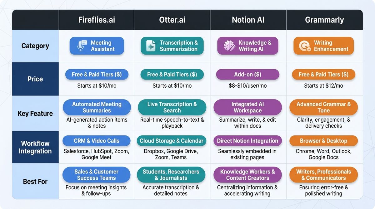 A comparison grid showing the four tools across dimensions: category, price, workflow integration, key feature, and who it's best for