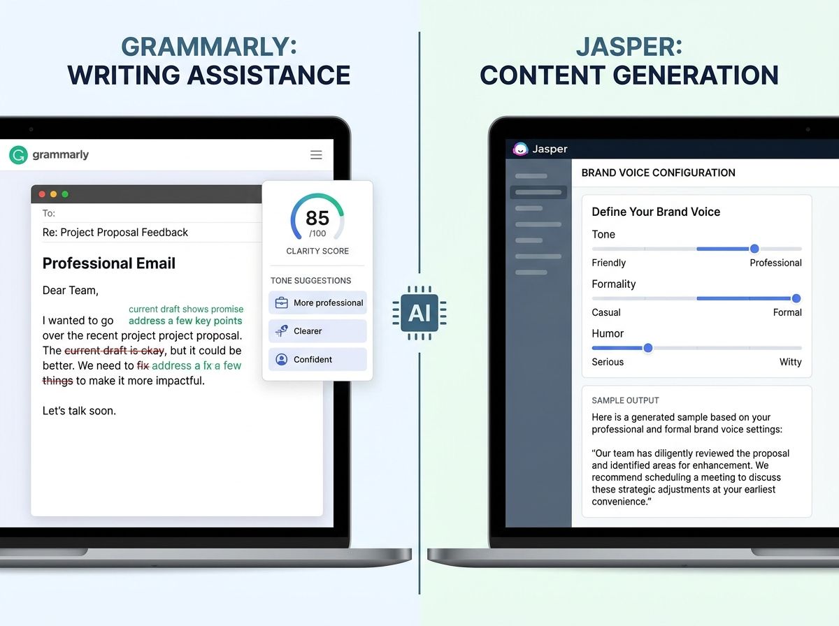 A split view showing Grammarly's browser extension analyzing a professional email on the left with tone and clarity suggestions highlighted, and Jasper's brand voice configuration panel on the right