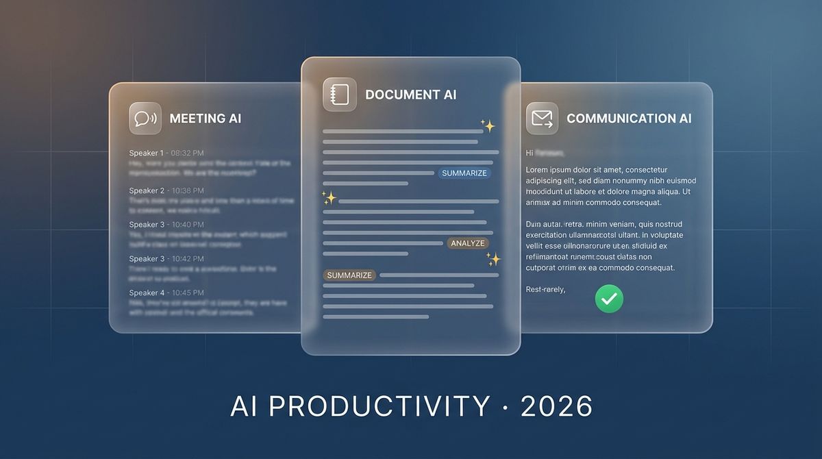 A unified productivity dashboard showing three panels: a meeting transcript with AI summary on the left, a document editor with inline AI suggestions in the center, and a communication review panel on the right, all updating in real time