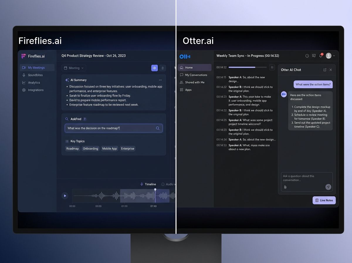 Side-by-side screens of Fireflies and Otter showing meeting transcripts with AI-generated summaries, action items, and a searchable query interface