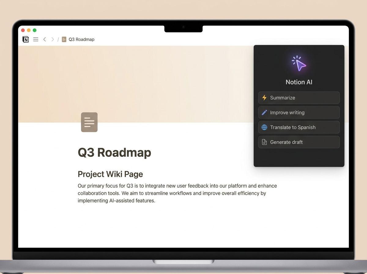 A Notion document page with the AI panel open on the right side showing multiple AI actions: summarize, improve writing, translate, and generate draft from prompt