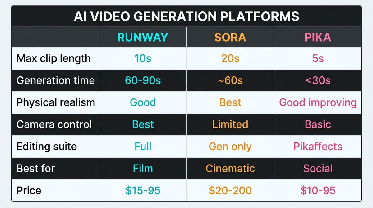 A 3-column comparison table showing Runway, Sora, and Pika across dimensions: max clip length, generation time, physical realism, editing suite, pricing, and best for