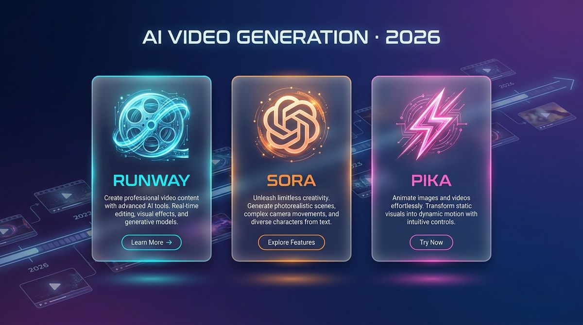 A timeline showing AI video generation evolution from 2022 to 2026 with three product boxes: Runway (blue, mature film industry), Sora (orange, OpenAI's flagship), and Pika (pink, creator-focused speed)