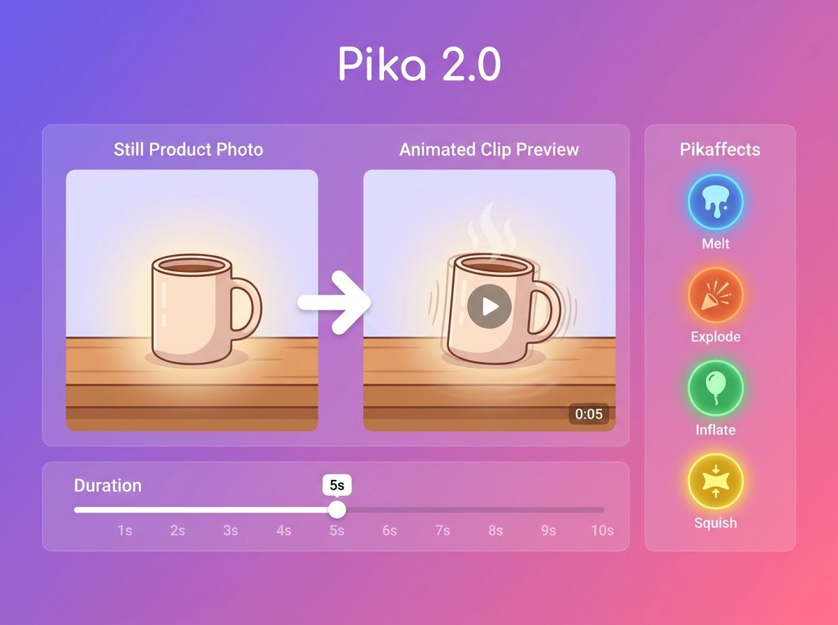 Pika's interface showing an image-to-video flow with Pikaffects buttons (melt, explode, inflate) and a 5-second generated clip preview