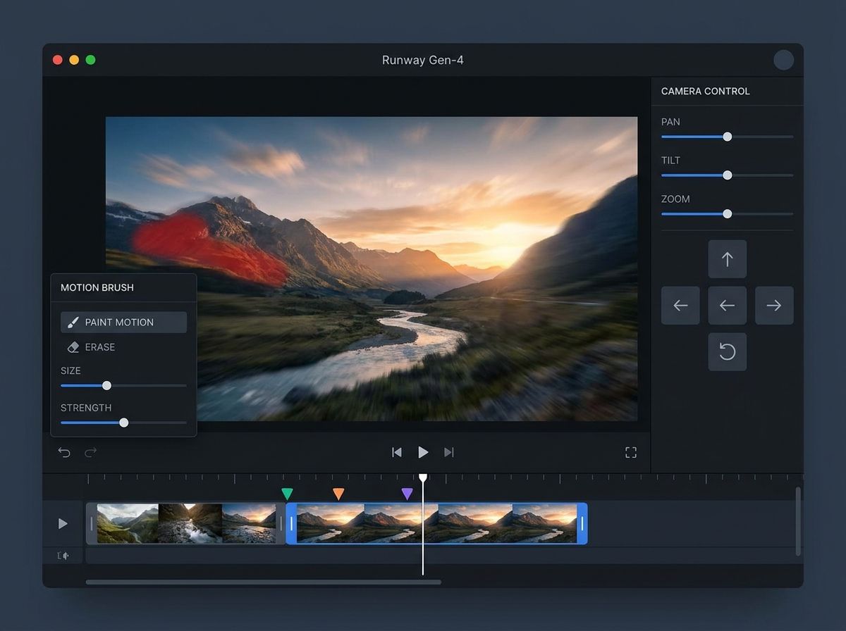 Runway's Gen-4 interface showing a video generation panel with camera control options (pan, tilt, zoom), motion brush tools, and a 1080p clip preview