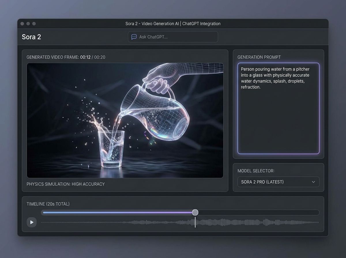 A photorealistic 20-second AI-generated video showing a person pouring water from a pitcher into a glass with physically accurate water dynamics, with Sora's generation panel in the background
