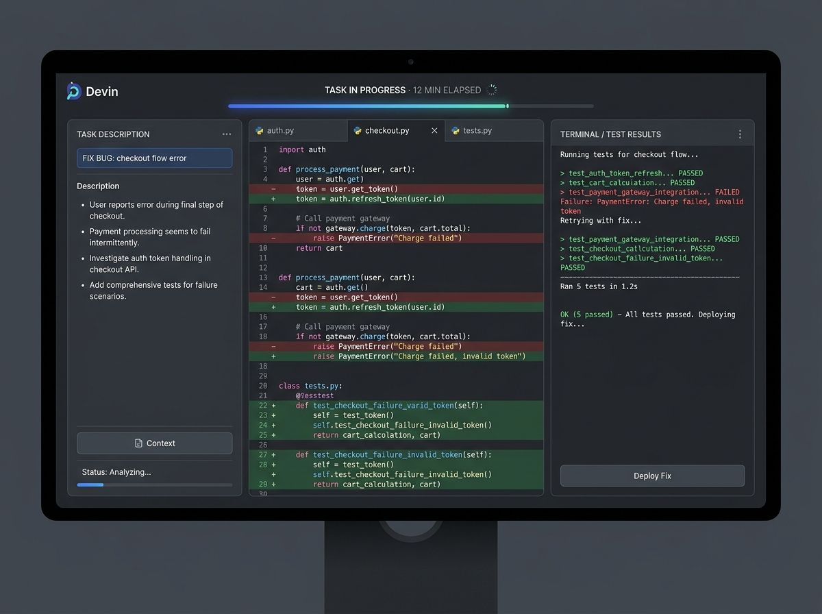 Devin's interface showing a task description in a chat panel on the left, a code editor in the center with multi-file changes, and a terminal panel on the right showing test execution