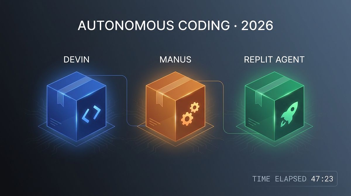 A timeline visualization showing three AI agents working in parallel: Devin (left, blue), Manus (center, orange), and Replit Agent (right, green), each with progress bars and a 'TIME ELAPSED' counter