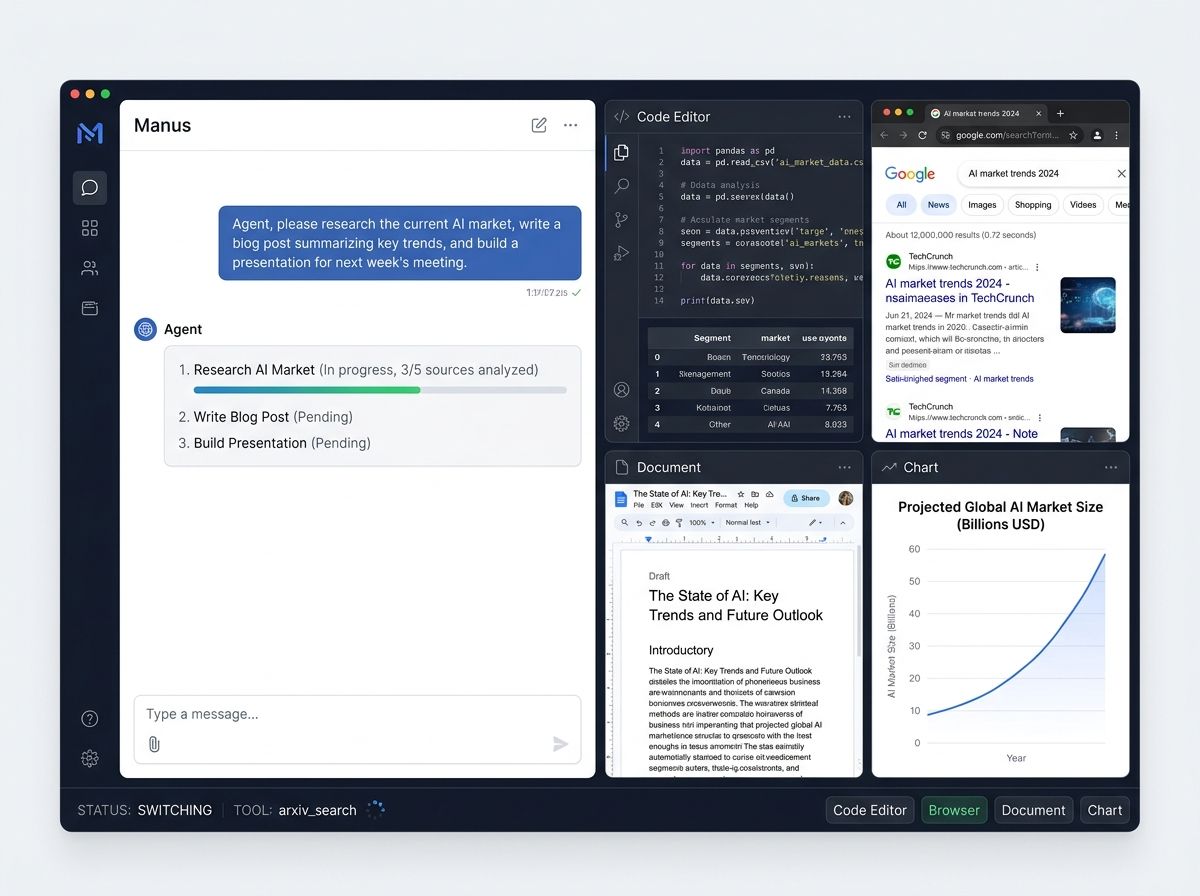 Manus's interface showing a multi-tool agent in action: a chat panel with a task description, a code editor with a Python script being written, a browser panel for web research, and a chart generation tool