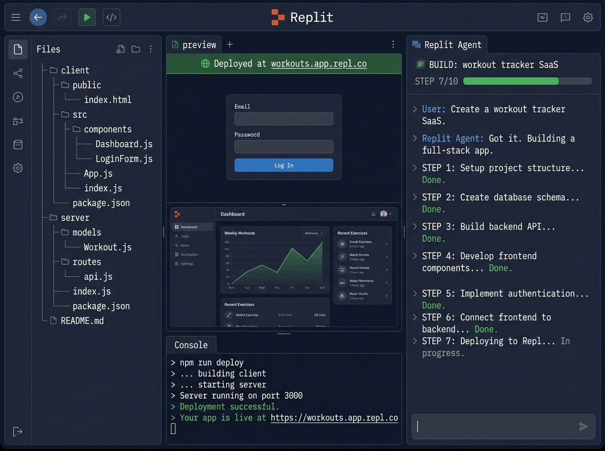 Replit's browser IDE showing a deployed full-stack app on the left with a live URL preview, a code panel on the right with the generated files, and a chat panel at the bottom with the agent's task description and progress