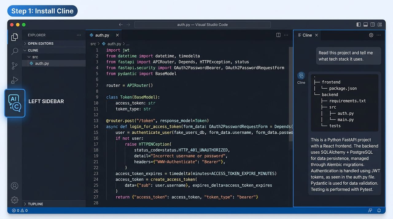 VS Code with the Cline extension open in the left sidebar, showing a chat conversation where the user asks about the project and Cline responds with a description of the tech stack and directory structure