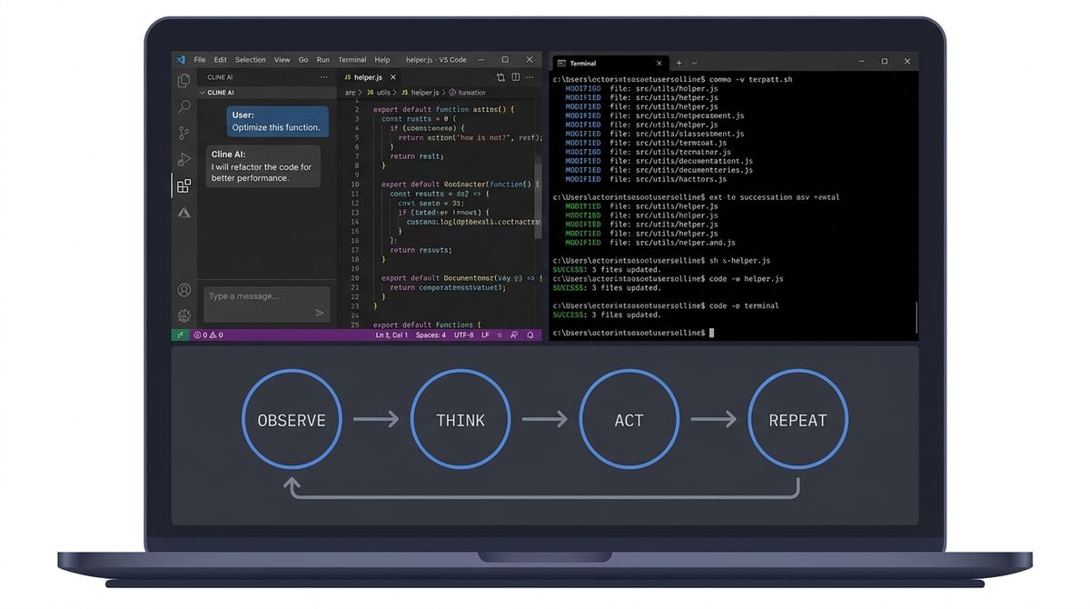 A laptop screen split between VS Code on the left showing a coding agent chat panel and a terminal on the right showing a file being modified, with a simple arrowed loop diagram below showing Observe-Think-Act-Repeat