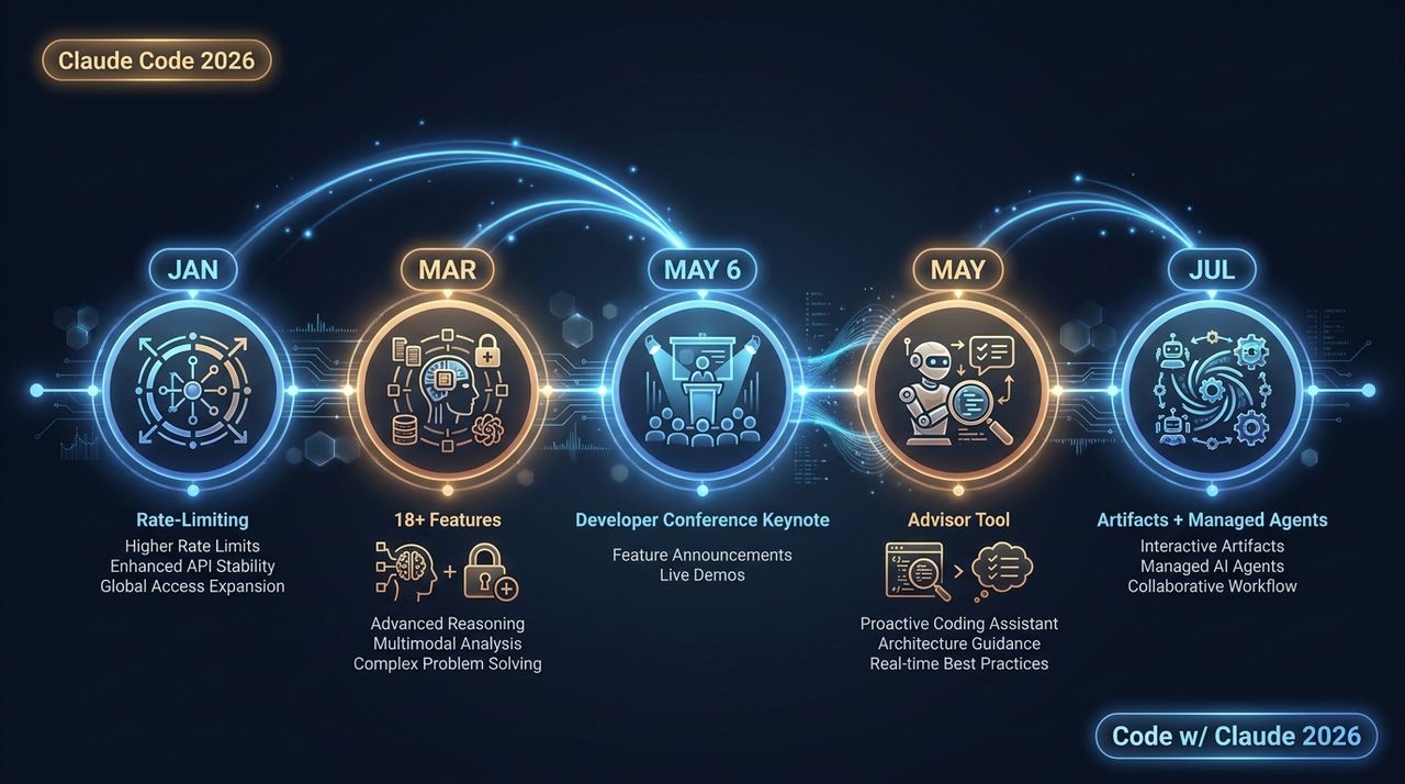 A timeline-style infographic showing Claude Code 2026 features chronologically from January to July, with feature badges and icons for each major release
