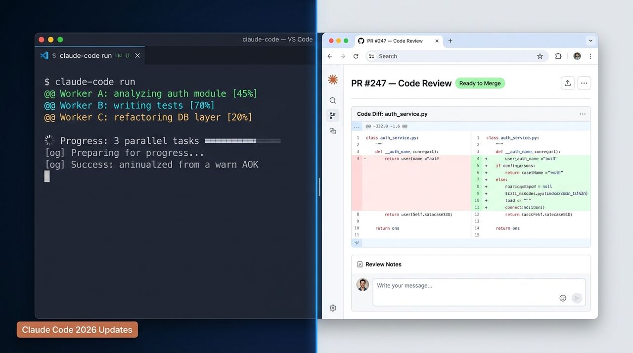 A split view: a Claude Code terminal session on the left showing a multi-agent orchestration task with multiple worker outputs, and a live Artifacts web page on the right updating in real time