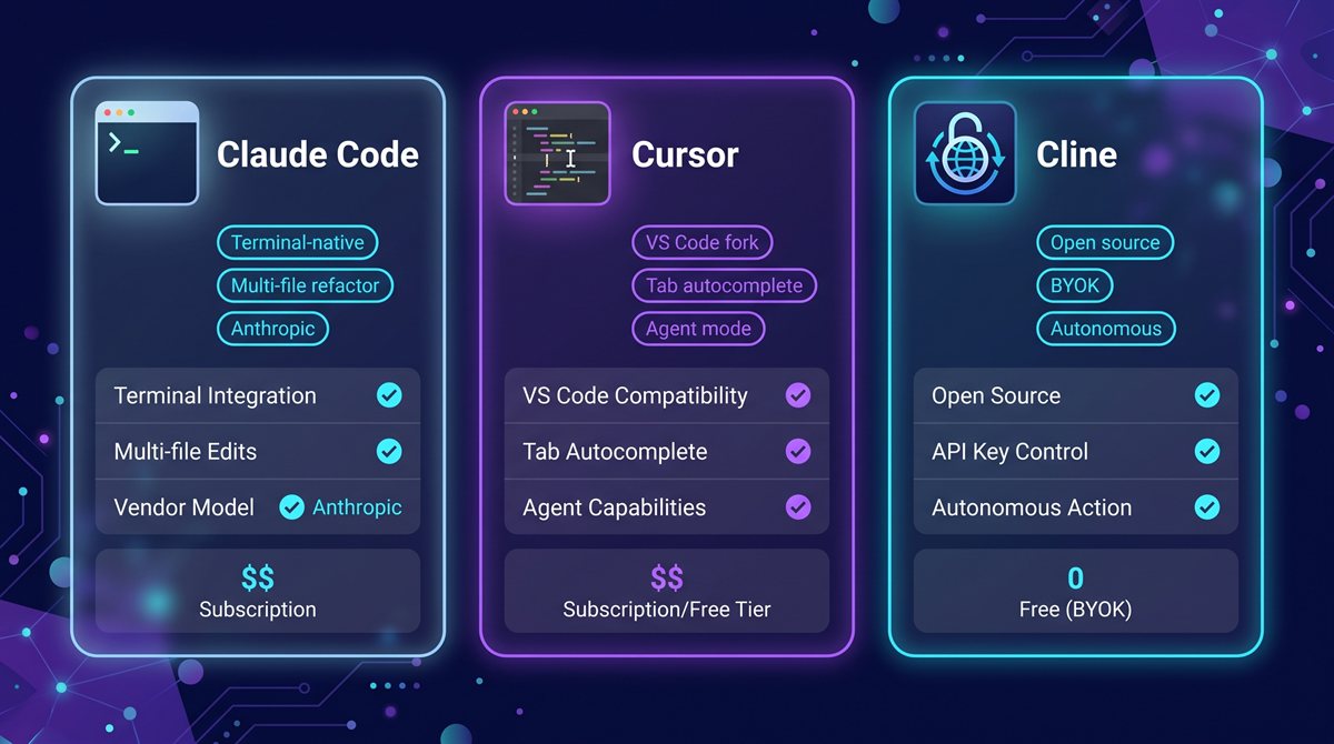 Side-by-side comparison of Claude Code, Cursor, and Cline showing their key features, interface, and pricing