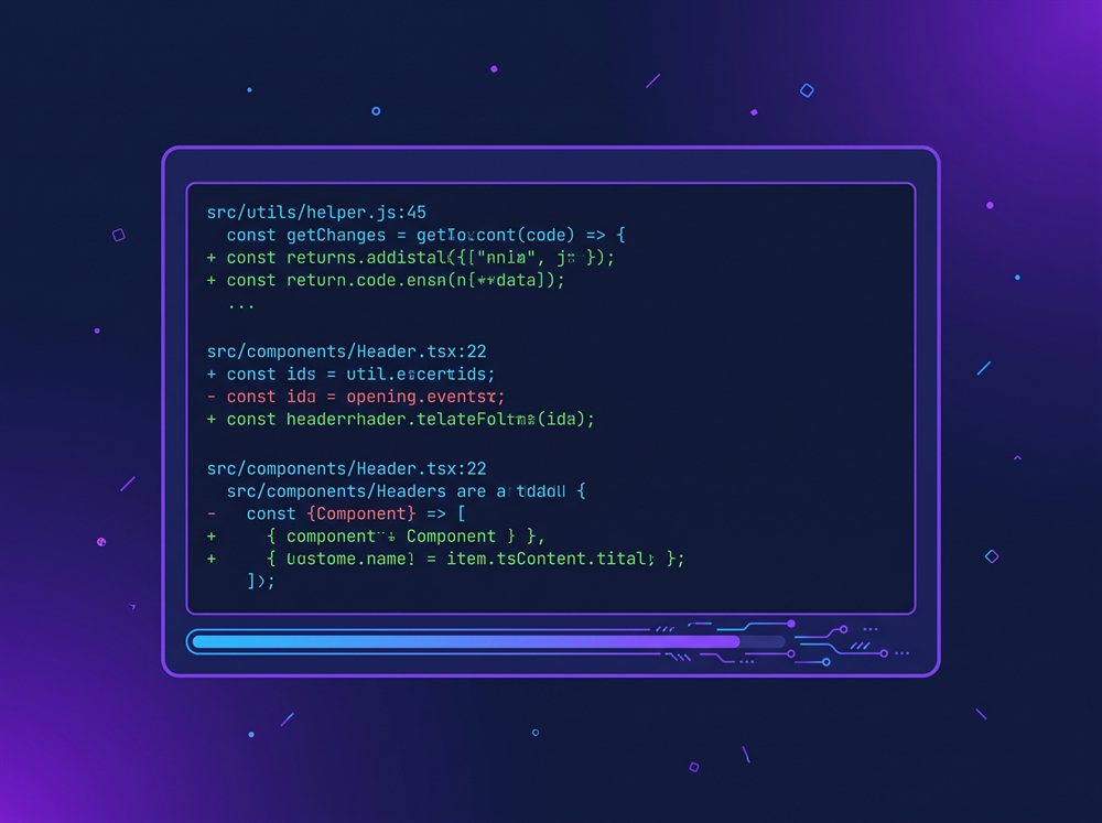 A multi-file code diff in a terminal showing file paths, line numbers, and inline additions and removals