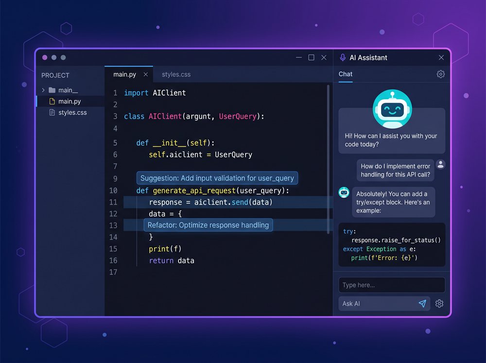 A VS Code editor with Python code on the left and an AI assistant chat panel on the right showing code suggestions and a friendly robot icon