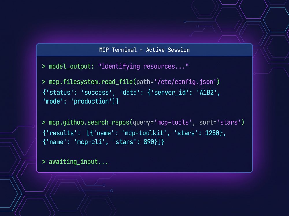A terminal window showing MCP tool calls in action with structured invocations and results