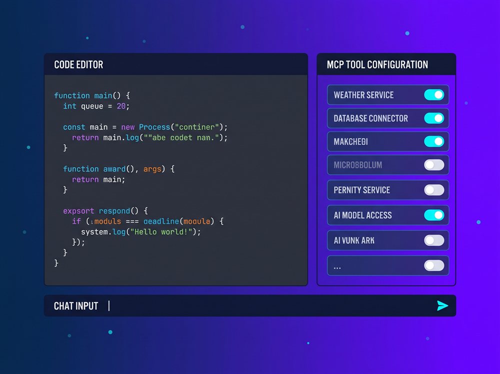A VS Code editor with a side panel showing MCP tool configuration with toggle switches and tool names