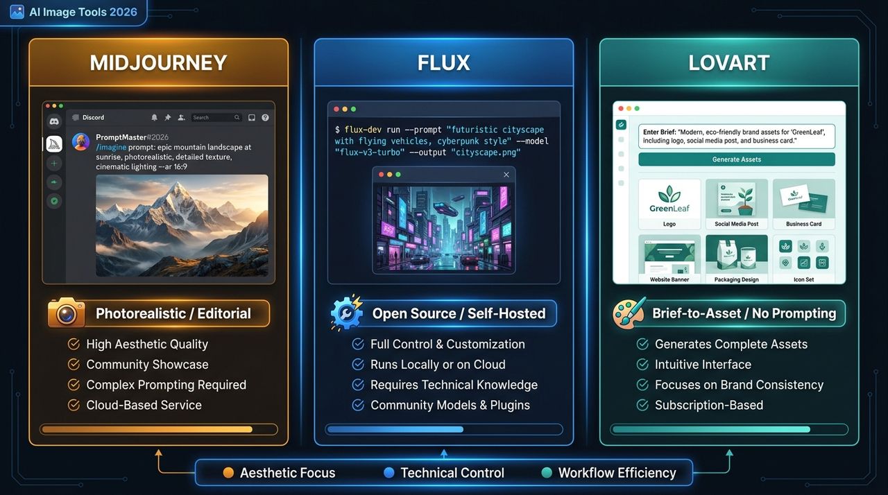 A 3-column comparison table showing Midjourney, Flux, and Lovart across dimensions: interface type, licensing, pricing, best for, and key strength
