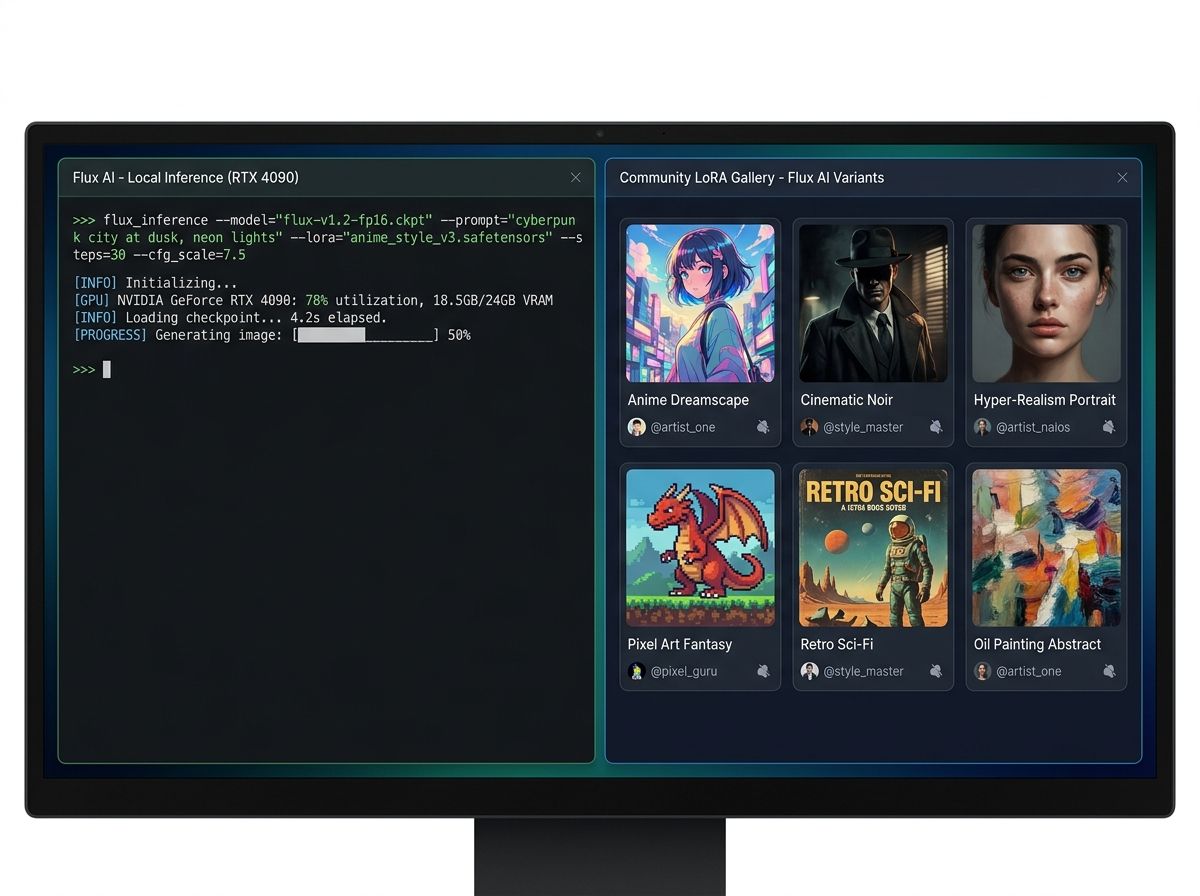 A split screen showing Flux running locally on a developer machine on the left with a terminal output and generated image, and a community LoRA gallery on the right showing multiple style variants