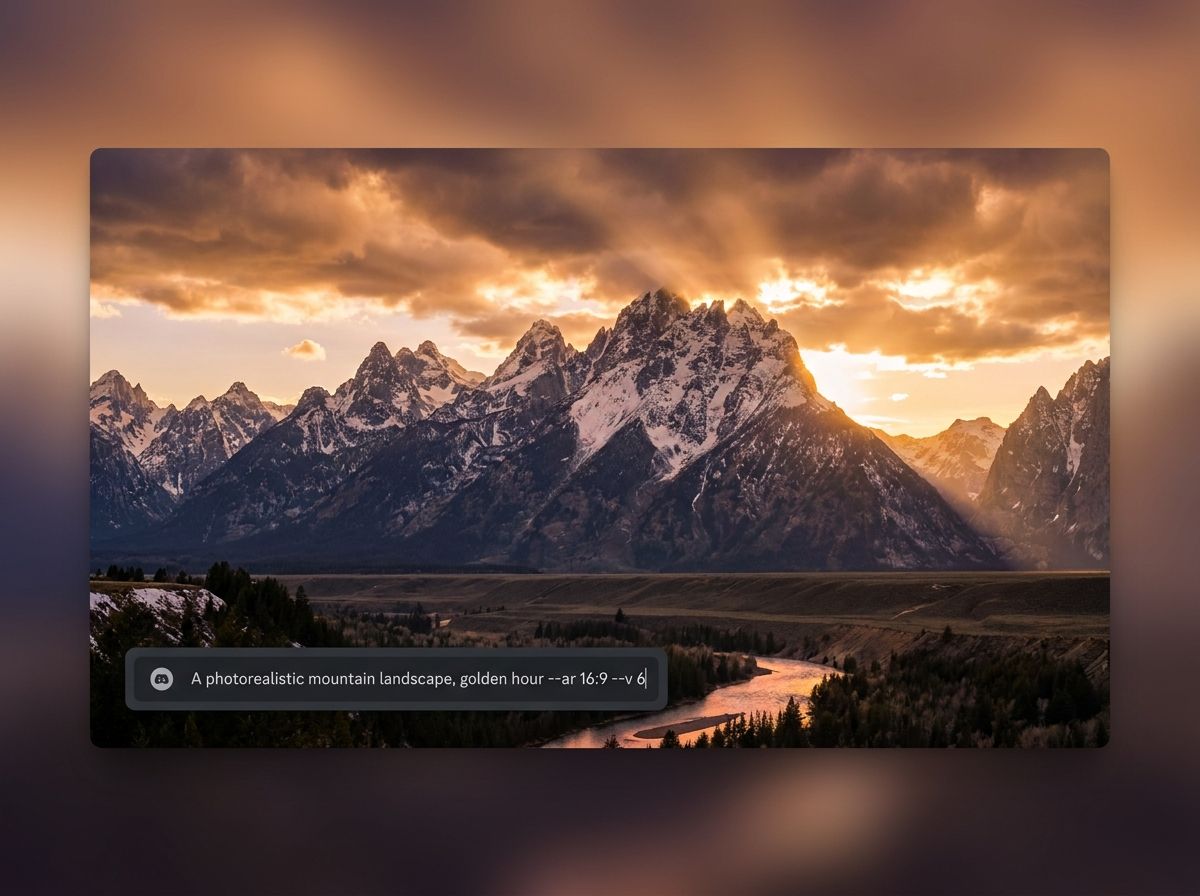 A photorealistic image of a mountain landscape with dramatic lighting, generated in Midjourney style, with a Discord prompt input visible in a small inset panel