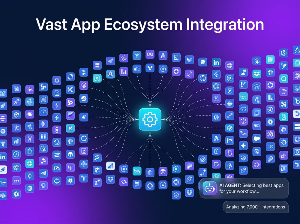 A 7,000+ app integration grid view showing many small app icons with a central app connected to dozens of others via dotted lines, with a small chat agent overlay