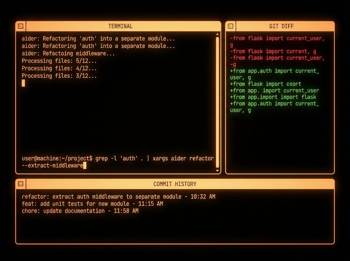 Aider's terminal interface showing a multi-file refactor task in progress, git diff output in the side panel, and a series of meaningful commit messages